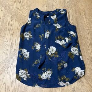 Talbots Petites Small Petite Blue Floral Tie Neck Sleeveless Blouse Roses‎